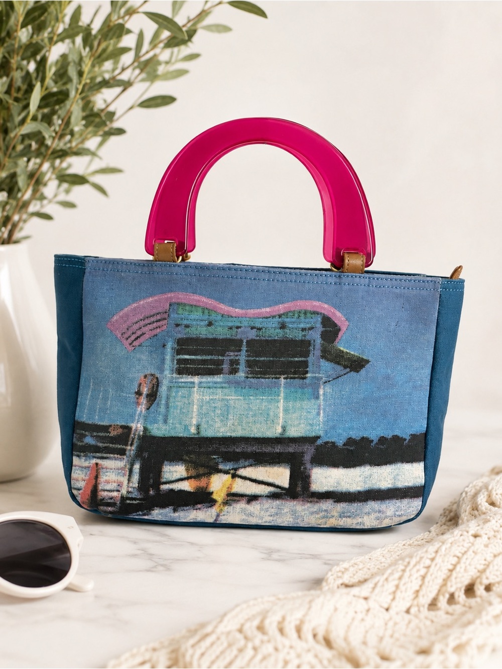 Retro Beach Print Mini Tote Bag | Pink Lucite Handles